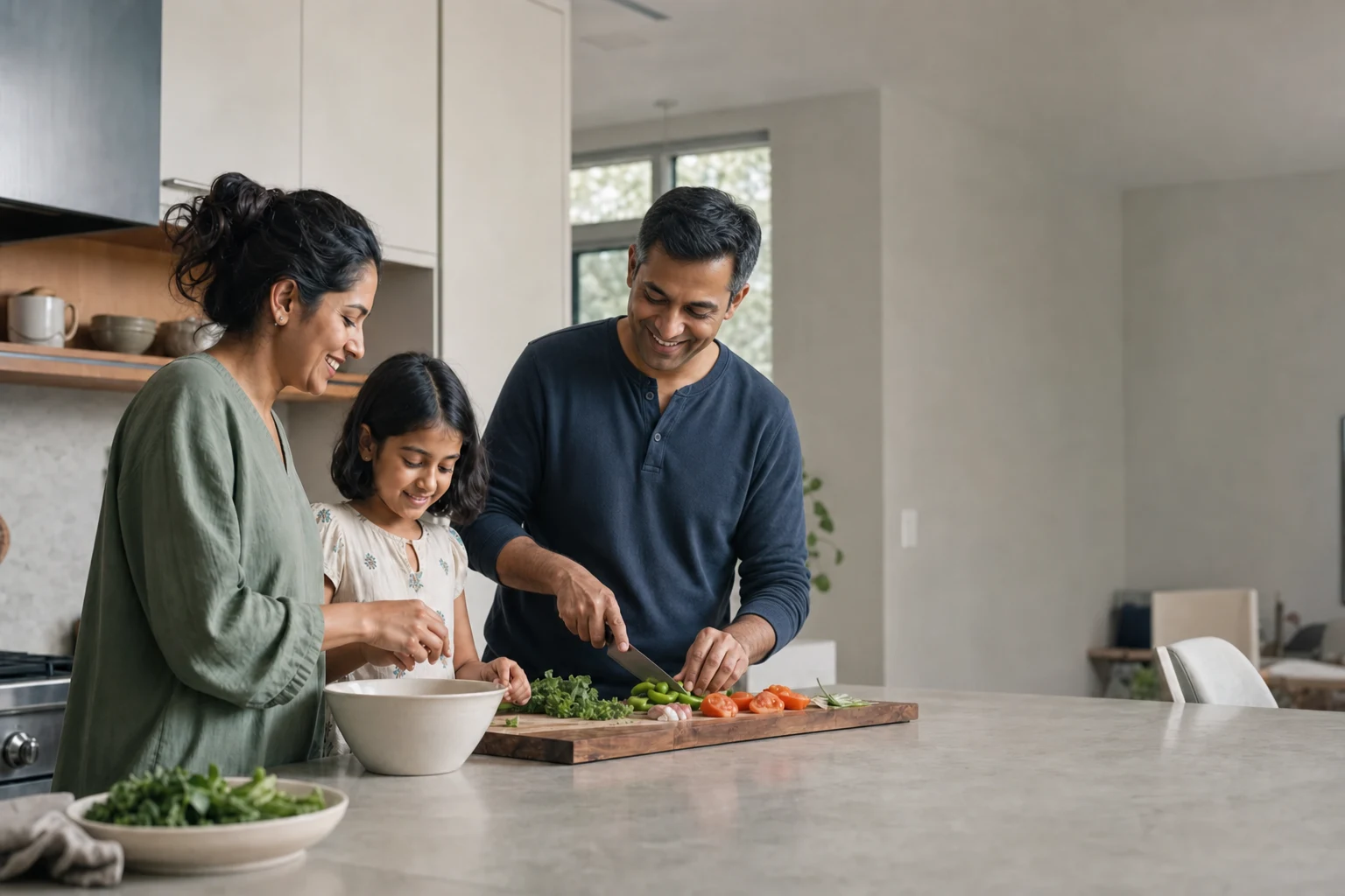 A South Asian mother, father, and daughter preparing dinner together