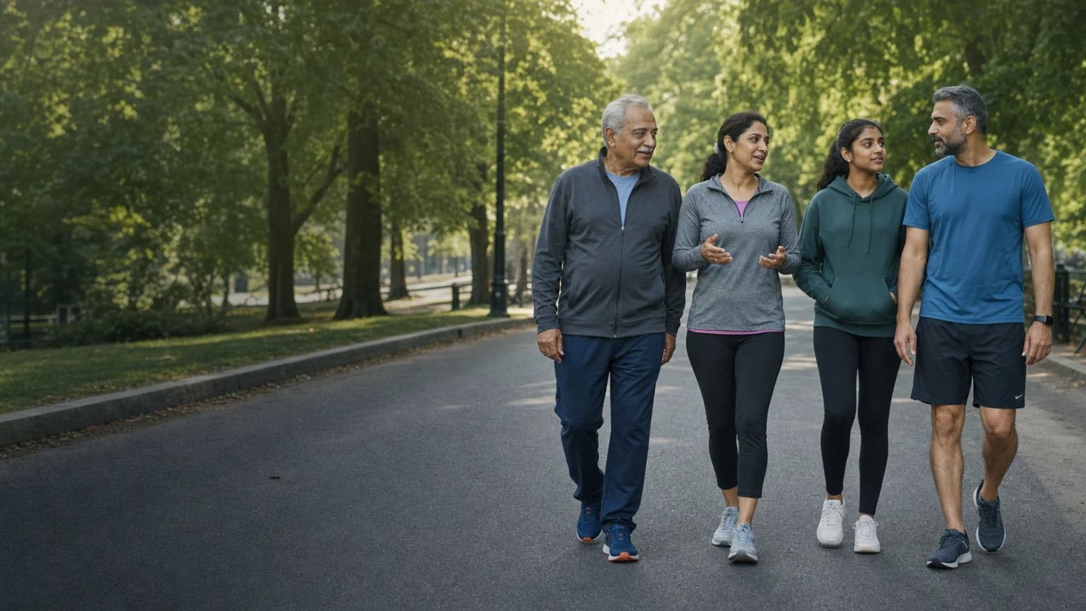 A multigenerational South Asian family walking together in a park